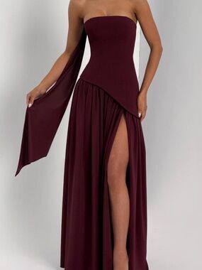 Strapless Burgundy Maxi Dress with Dramatic Side Slit